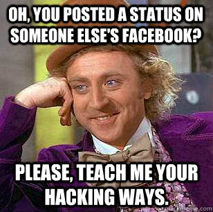 Oh, you posted a status on someone else's Facebook? please, teach me your hacking ways.  Condescending Wonka