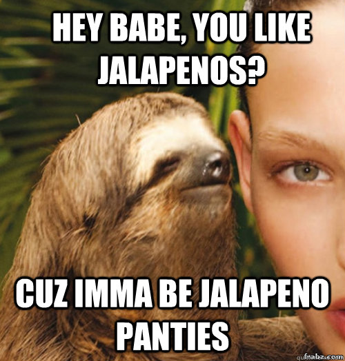 Hey babe, you like jalapenos? Cuz imma be jalapeno panties  rape sloth