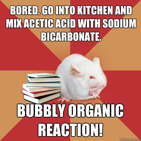 Bored. Go into kitchen and mix acetic acid with sodium bicarbonate. Bubbly organic reaction!  Science Major Mouse