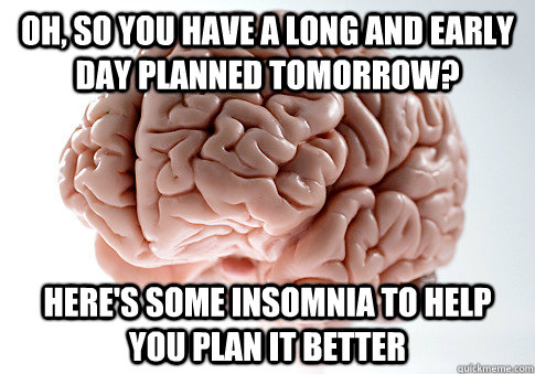 Oh, so you have a long and early day planned tomorrow? Here's some insomnia to help you plan it better - Oh, so you have a long and early day planned tomorrow? Here's some insomnia to help you plan it better  Scumbag Brain