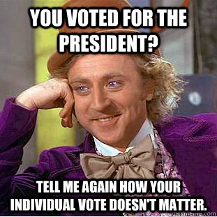 You voted for the President? Tell me again how your individual vote doesn't matter.  Condescending Wonka