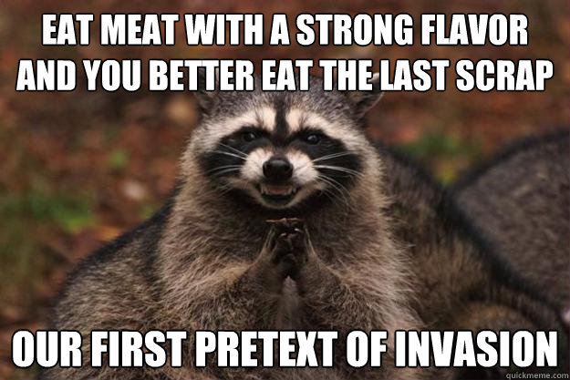 eat meat with a strong flavor and you better eat the last scrap our first pretext of invasion  Evil Plotting Raccoon