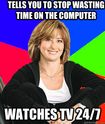 Tells you to stop wasting time on the computer Watches tv 24/7  Sheltering Suburban Mom