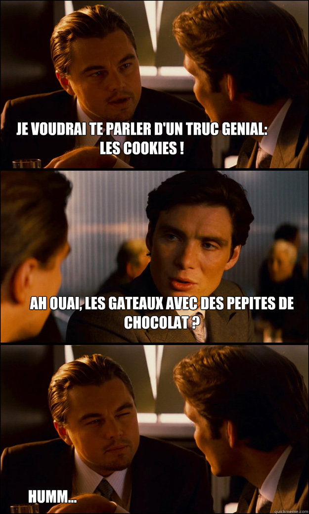 Je voudrai te parler d'un truc genial:
Les cookies ! Ah ouai, les gateaux avec des pepites de chocolat ? Humm...  Inception