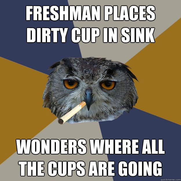 Freshman places Dirty cup in sink Wonders where all the cups are going - Freshman places Dirty cup in sink Wonders where all the cups are going  Art Student Owl