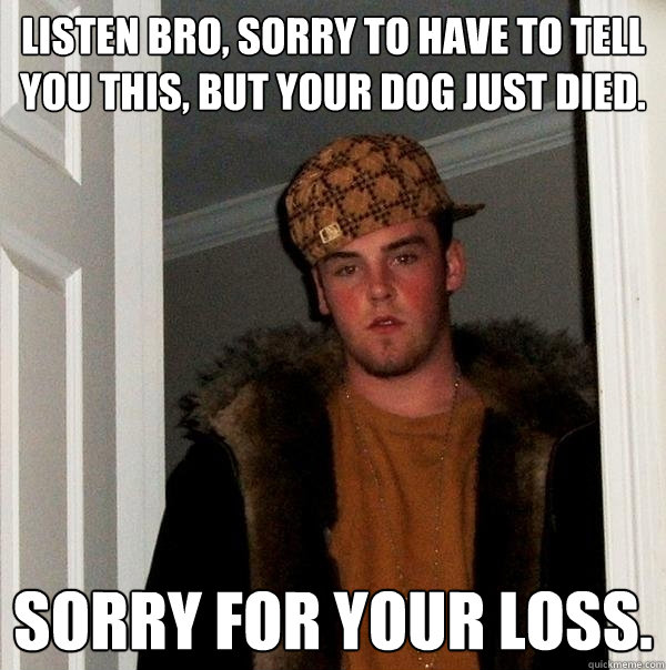 listen bro, sorry to have to tell you this, but your dog just died. sorry for your loss.  Scumbag Steve