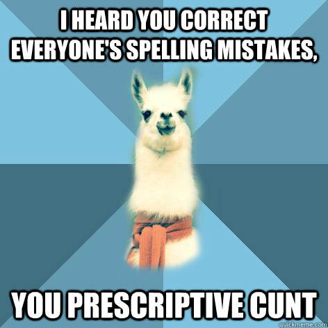I heard you correct everyone's spelling mistakes, you prescriptive cunt  Linguist Llama
