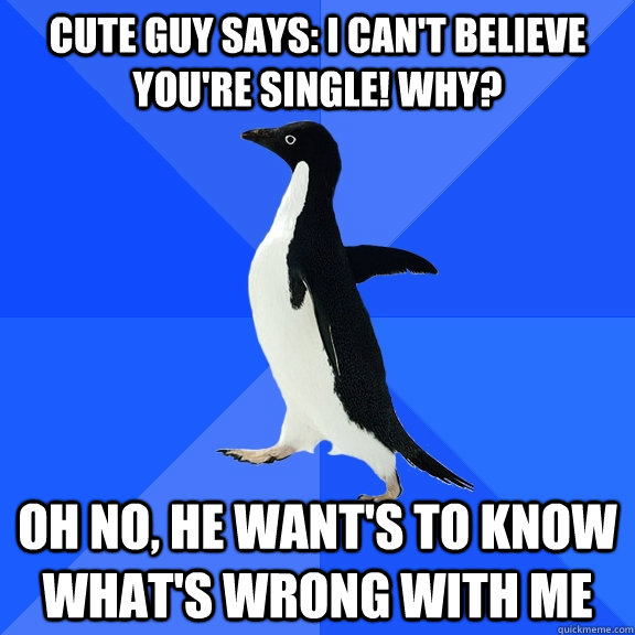 Cute guy says: I can't believe you're single! Why? oh no, he want's to know what's wrong with me  Socially Awkward Penguin