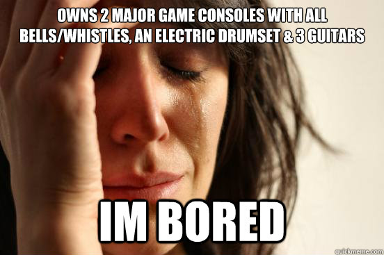 owns 2 major game consoles with all bells/whistles, an electric drumset & 3 guitars im bored  First World Problems