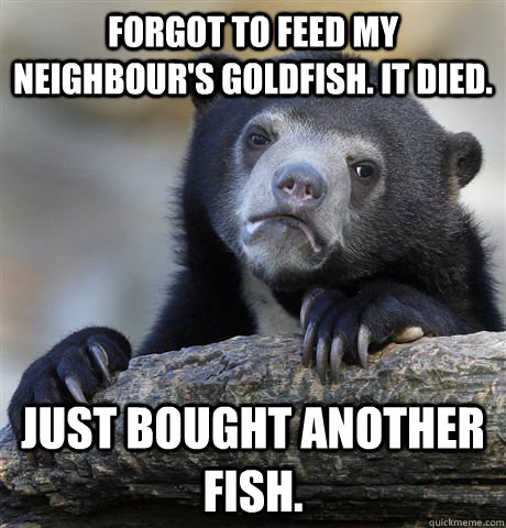 Forgot to feed my neighbour's goldfish. It died. Just bought another fish.  Confession Bear