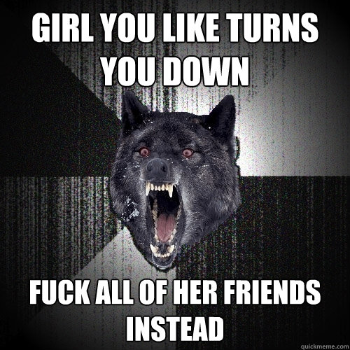 girl you like turns you down fuck all of her friends instead  Insanity Wolf