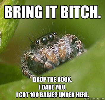 Bring it Bitch. Drop the book.
I dare you.
I got 100 babies under here. - Bring it Bitch. Drop the book.
I dare you.
I got 100 babies under here.  Misunderstood Spider