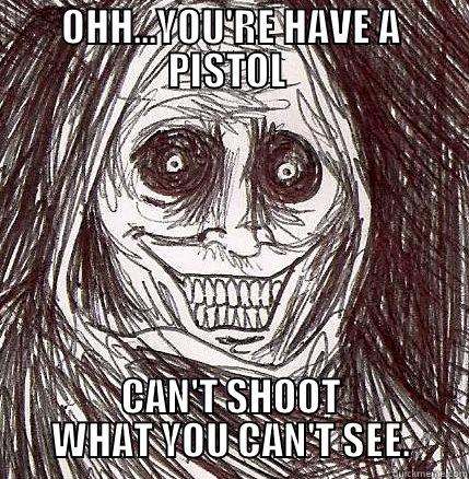 OHH...YOU'RE HAVE A PISTOL  CAN'T SHOOT WHAT YOU CAN'T SEE. Horrifying Houseguest