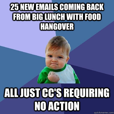 25 new emails coming back from big lunch with food hangover  all just cc's requiring no action  Success Kid