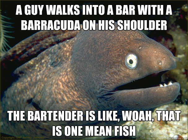 A guy walks into a bar with a barracuda on his shoulder The bartender is like, woah, that is one mean fish  Bad Joke Eel