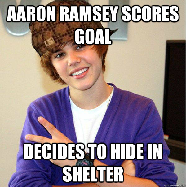 AARON RAMSEY SCORES GOAL DECIDES TO HIDE IN SHELTER - AARON RAMSEY SCORES GOAL DECIDES TO HIDE IN SHELTER  Scumbag Beiber