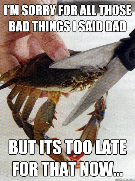 I'm sorry for all those bad things I said dad
 but its too late for that now... - I'm sorry for all those bad things I said dad
 but its too late for that now...  Optimistic Crab