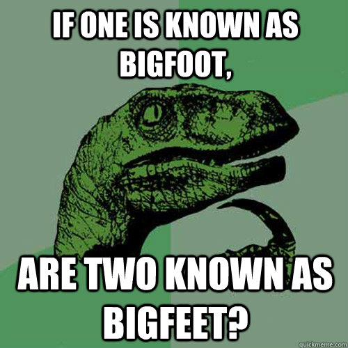 If one is known as bigfoot, are two known as bigfeet?  Philosoraptor