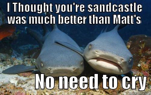 I THOUGHT YOU'RE SANDCASTLE WAS MUCH BETTER THAN MATT'S            NO NEED TO CRY Compassionate Shark Friend