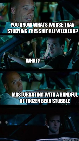 You know whats worse than studying this shit all weekend? What? Masturbating with a handful of frozen bean stubble  Fast and Furious