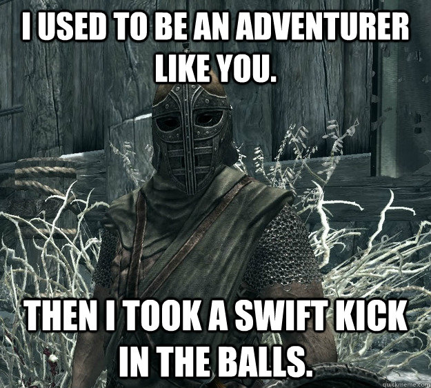 I used to be an adventurer like you. then i took a swift kick in the balls. - I used to be an adventurer like you. then i took a swift kick in the balls.  Skyrim Guard