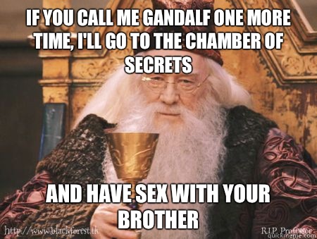 If you call me gandalf one more time, I'll go to the chamber of secrets And have sex with your brother  Drew Dumbledore