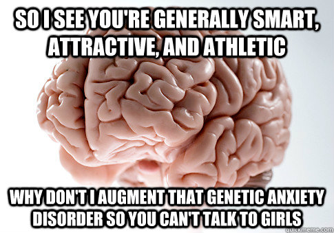 So I see you're generally smart, attractive, and athletic why don't i augment that genetic anxiety disorder so you can't talk to girls  Scumbag Brain