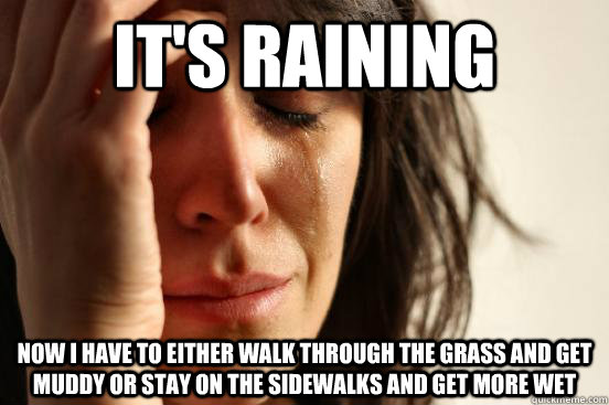 It's raining Now I have to either walk through the grass and get muddy or stay on the sidewalks and get more wet - It's raining Now I have to either walk through the grass and get muddy or stay on the sidewalks and get more wet  First World Problems