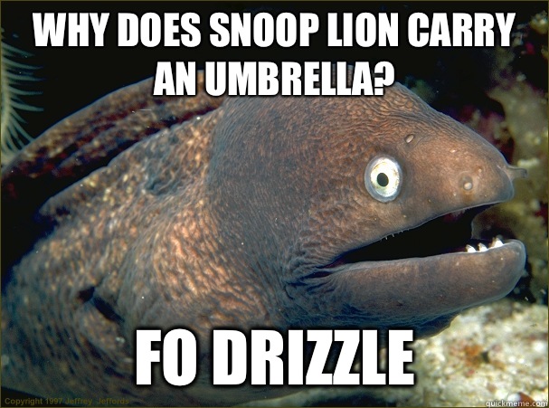 Why does snoop lion carry an umbrella? Fo drizzle - Why does snoop lion carry an umbrella? Fo drizzle  Bad Joke Eel