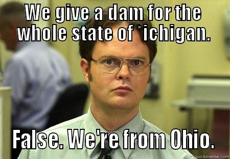 WE GIVE A DAM FOR THE WHOLE STATE OF *ICHIGAN. FALSE. WE'RE FROM OHIO. Schrute