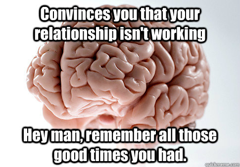 Convinces you that your relationship isn't working Hey man, remember all those good times you had.  Caption 4 goes here  Scumbag Brain