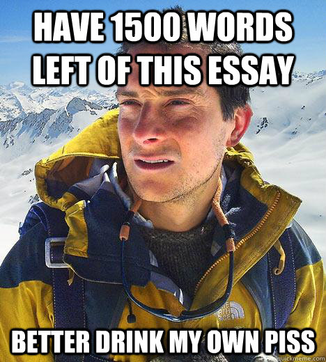 Have 1500 words left of this essay Better drink my own piss - Have 1500 words left of this essay Better drink my own piss  Bear Grylls