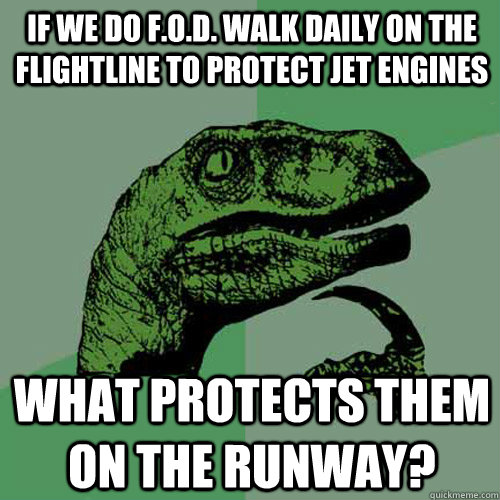 if we do f.o.d. walk daily on the flightline to protect jet engines what protects them on the runway? - if we do f.o.d. walk daily on the flightline to protect jet engines what protects them on the runway?  Philosoraptor