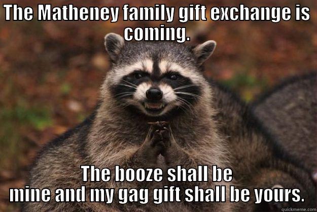 THE MATHENEY FAMILY GIFT EXCHANGE IS COMING. THE BOOZE SHALL BE MINE AND MY GAG GIFT SHALL BE YOURS. Evil Plotting Raccoon