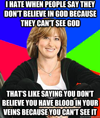 I hate when people say they don't believe in god because they can't see god That's like saying you don't believe you have blood in your veins because you can't see it  Sheltering Suburban Mom