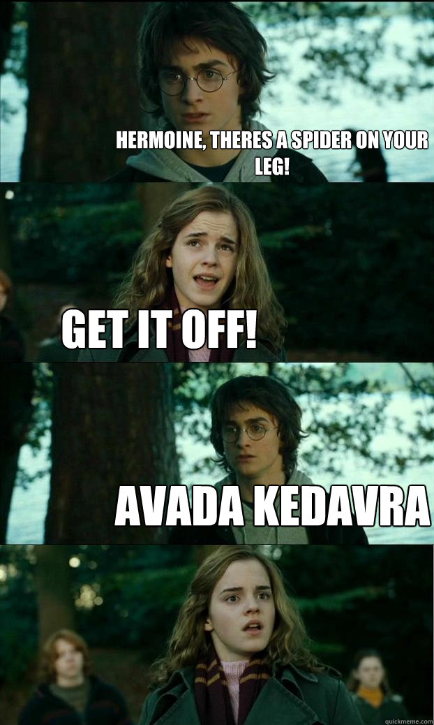 Hermoine, theres a spider on your leg! Get it off! Avada Kedavra  Horny Harry