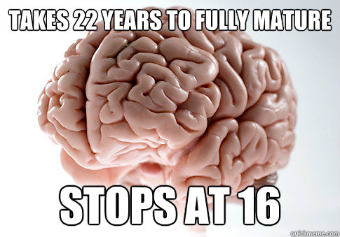 Takes 22 years to fully mature Stops at 16  Scumbag Brain