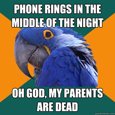 Phone rings in the middle of the night Oh god, my parents are dead  Paranoid Parrot