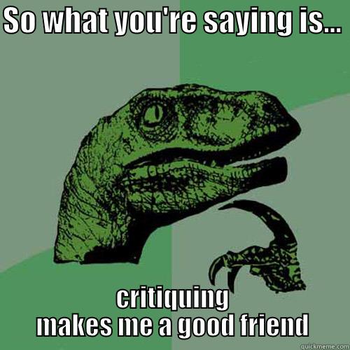 So what you're saying is... - SO WHAT YOU'RE SAYING IS...  CRITIQUING MAKES ME A GOOD FRIEND Philosoraptor