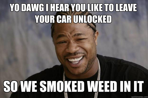 YO DAWG I HEAR YOU LIKE TO LEAVE YOUR CAR UNLOCKED SO WE SMOKED WEED IN IT  