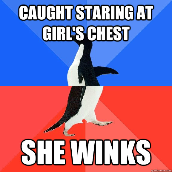 caught staring at girl's chest  She winks  Socially Awkward Awesome Penguin