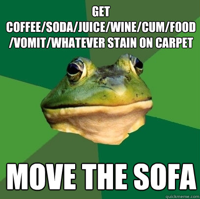 get coffee/soda/juice/wine/cum/food/vomit/whatever stain on carpet move the sofa  Foul Bachelor Frog