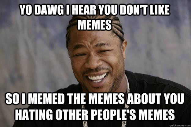 YO DAWG I HEAR YOU don't like memes so I memed the memes about you hating other people's memes - YO DAWG I HEAR YOU don't like memes so I memed the memes about you hating other people's memes  Xzibit meme