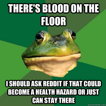 There's blood on the floor I should ask Reddit if that could become a health hazard or just can stay there - There's blood on the floor I should ask Reddit if that could become a health hazard or just can stay there  Foul Bachelor Frog