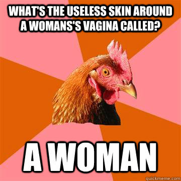 What's the useless skin around a womans's vagina called? A woman  Anti-Joke Chicken