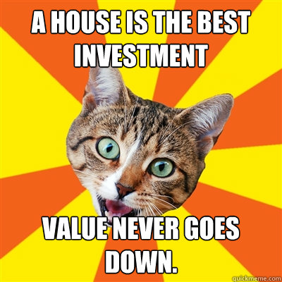 A house is the best investment Value never goes down.  Bad Advice Cat