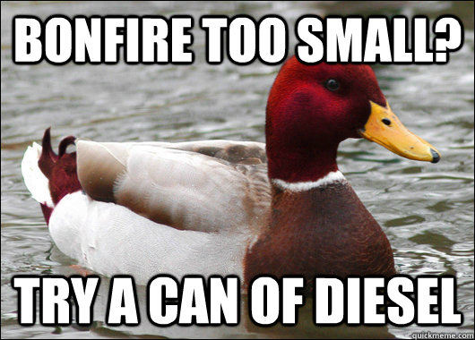 bonfire too small? try a can of diesel  Malicious Advice Mallard