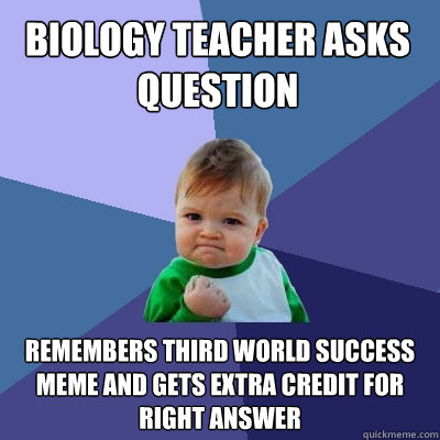 Biology teacher asks question remembers third world success meme and gets extra credit for right answer - Biology teacher asks question remembers third world success meme and gets extra credit for right answer  Success Kid