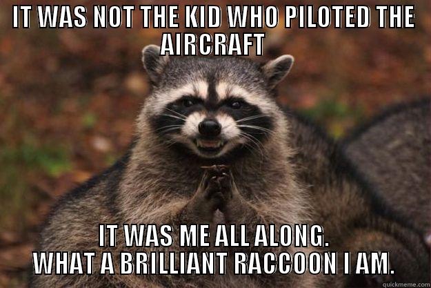 IT WAS NOT THE KID WHO PILOTED THE AIRCRAFT IT WAS ME ALL ALONG. WHAT A BRILLIANT RACCOON I AM. Evil Plotting Raccoon