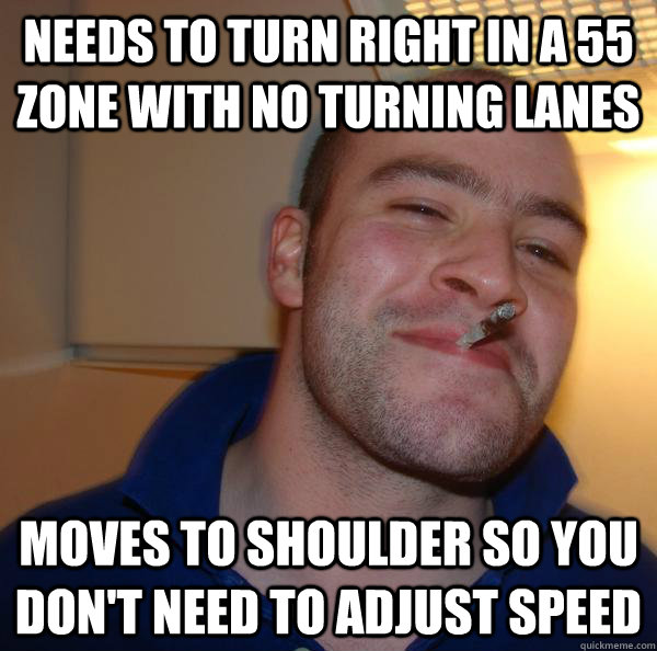 Needs to turn right in a 55 zone with no turning lanes moves to shoulder so you don't need to adjust speed - Needs to turn right in a 55 zone with no turning lanes moves to shoulder so you don't need to adjust speed  Misc